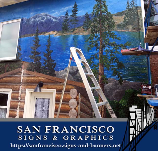 Mural Painters in San Francisco, CA - Painting a mural on the house to make it look like a log cabin in San Francisco.
